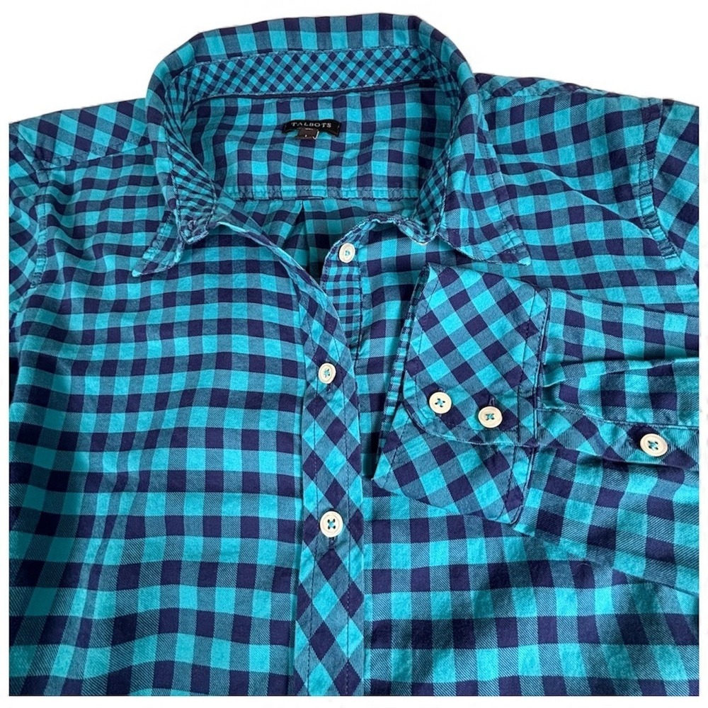 Talbots Womens Blue Navy Gingham Cotton Button Shirt Lg Preppy Coastal Grandma - Picture 7 of 10